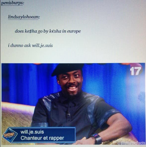 A funny picture showing a French TV show where will.i.am's name is "will.je.suis."
