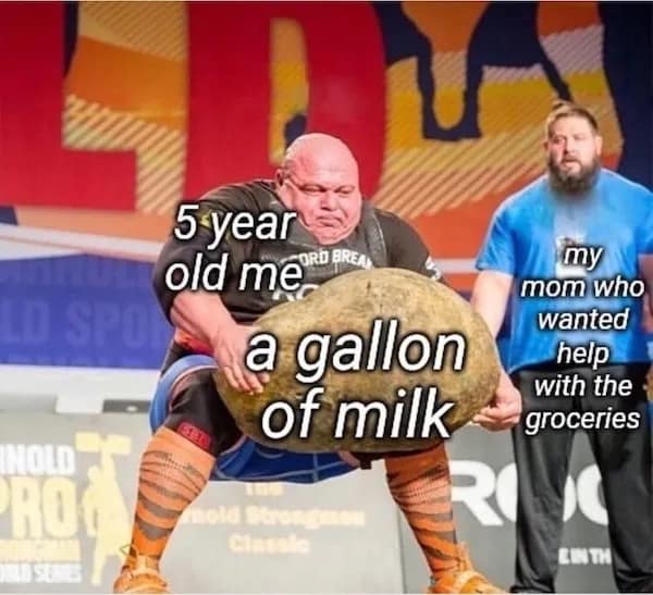 Strongman labeled as 5-year-old lifting a gallon of milk
