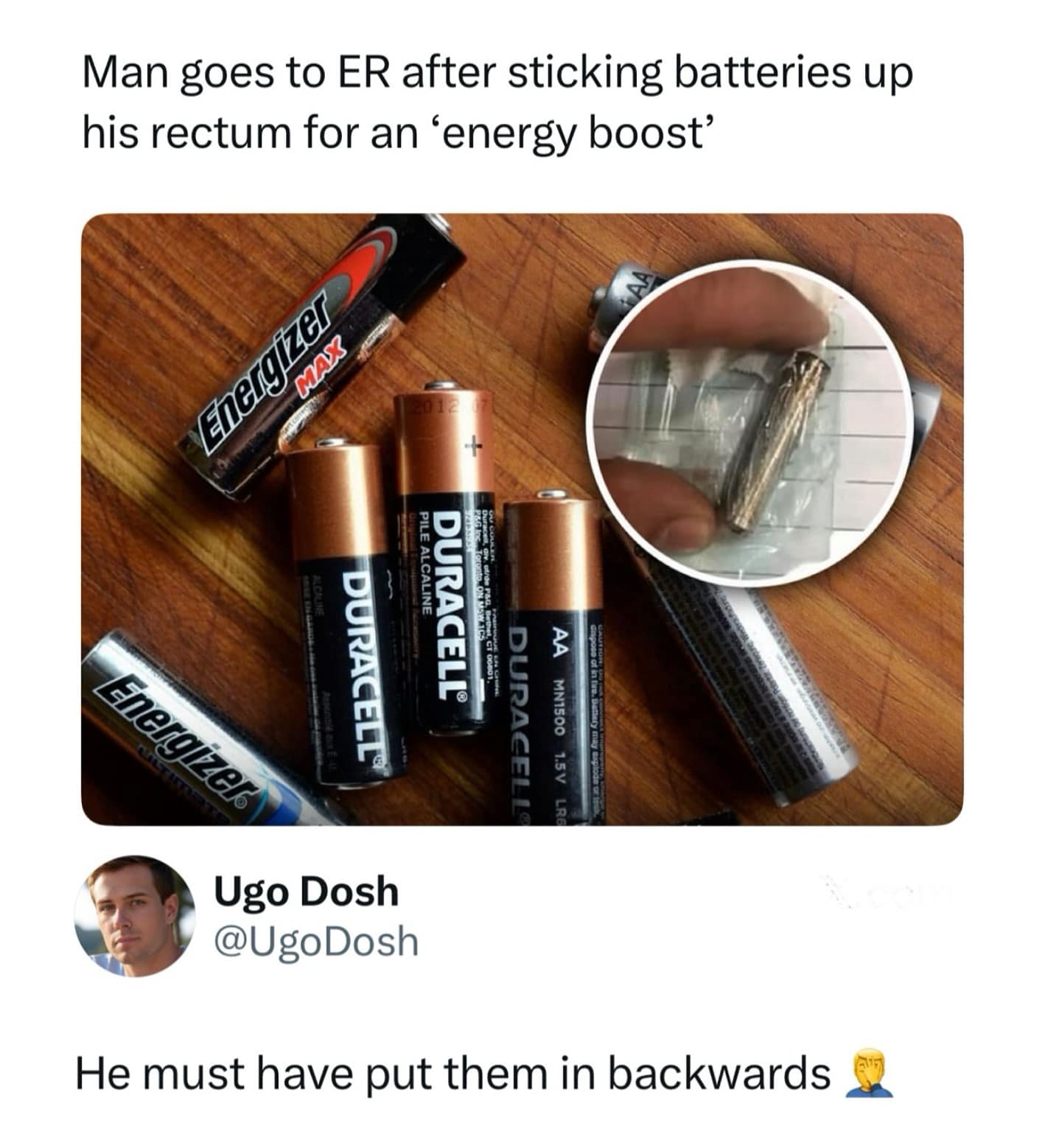 A funny reply to a news story about a man seeking an "energy boost" from batteries.