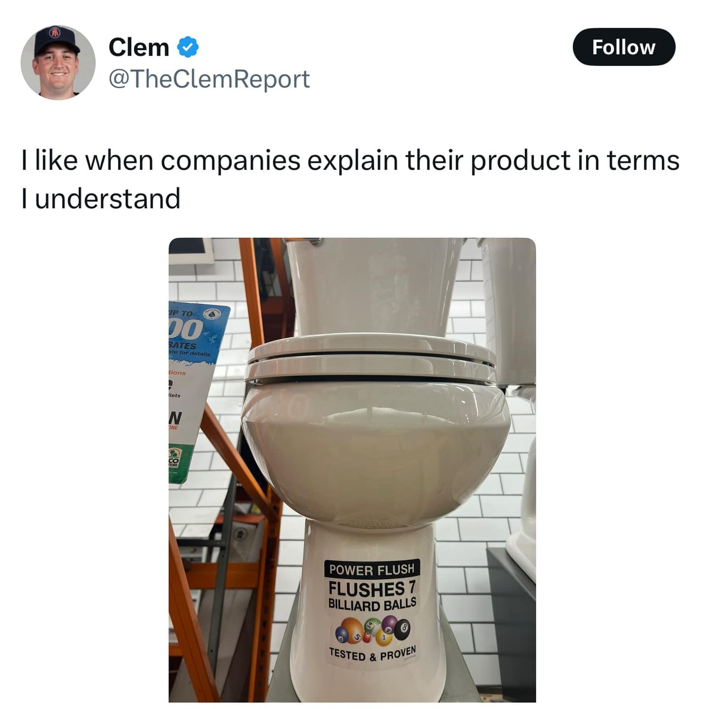 Toilet ad bragging about flushing 7 billiard balls