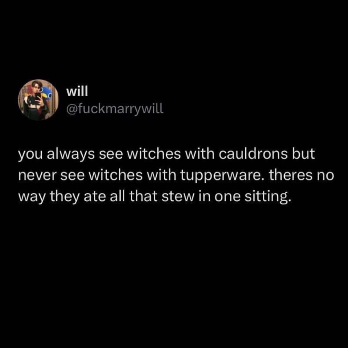 A funny tweet about witches using cauldrons but never Tupperware for leftovers, a classic picture.