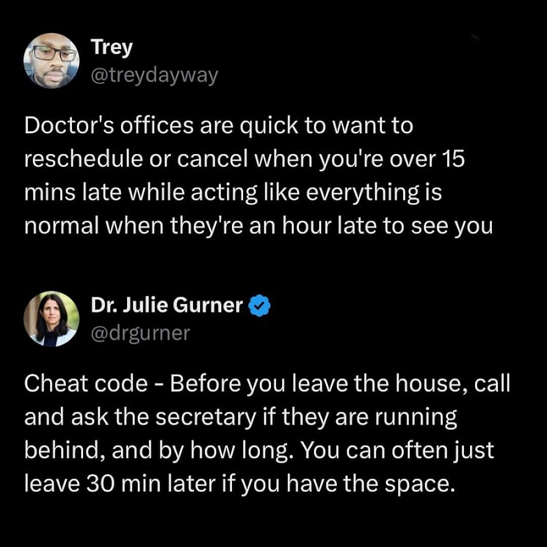 Tweet about doctors being late but strict with patient tardiness