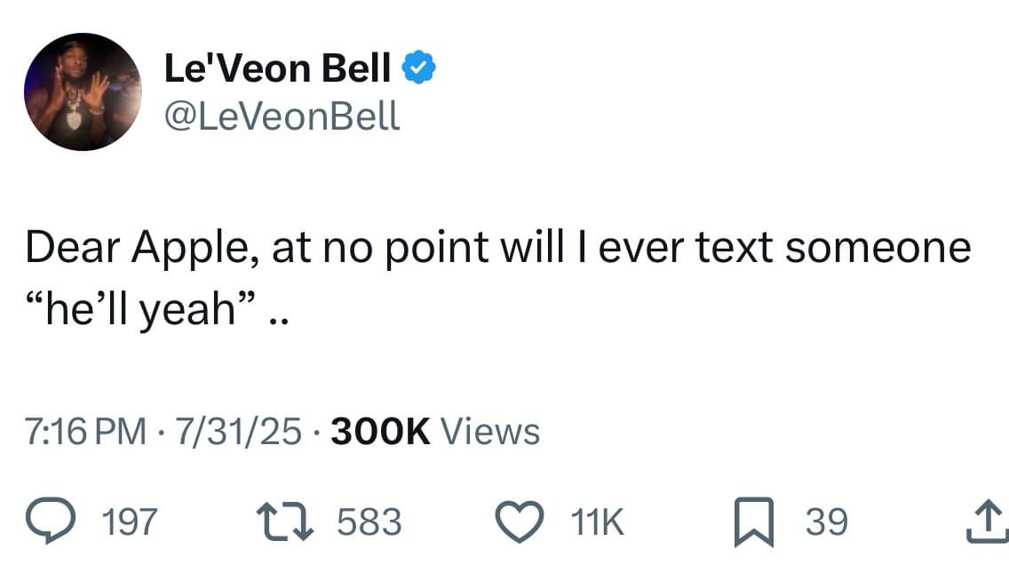 A tweet from Le'Veon Bell complaining about iPhone's annoying autocorrect of "hell yeah" to "he'll yeah."