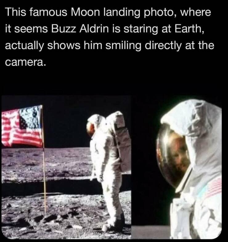 A fun fact pic showing Buzz Aldrin smiling at the camera in his helmet reflection.