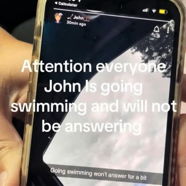A funny pic of a Snapchat story where someone makes a very important announcement about going swimming.