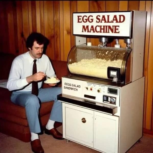 A funny pic of a cursed vintage invention, the personal Egg Salad Machine for your home.