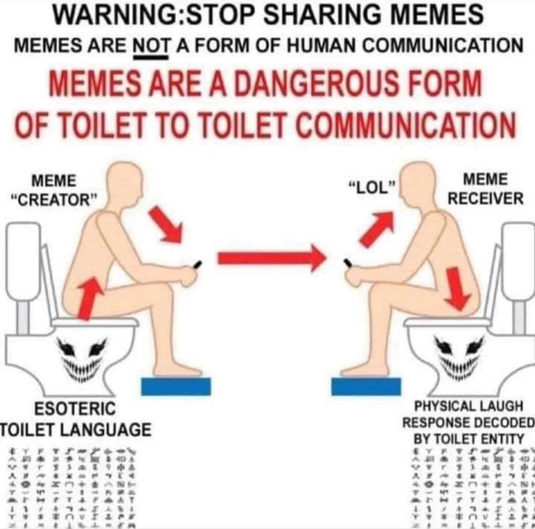 A weird meme explaining that memes are a dangerous form of "toilet to toilet communication."