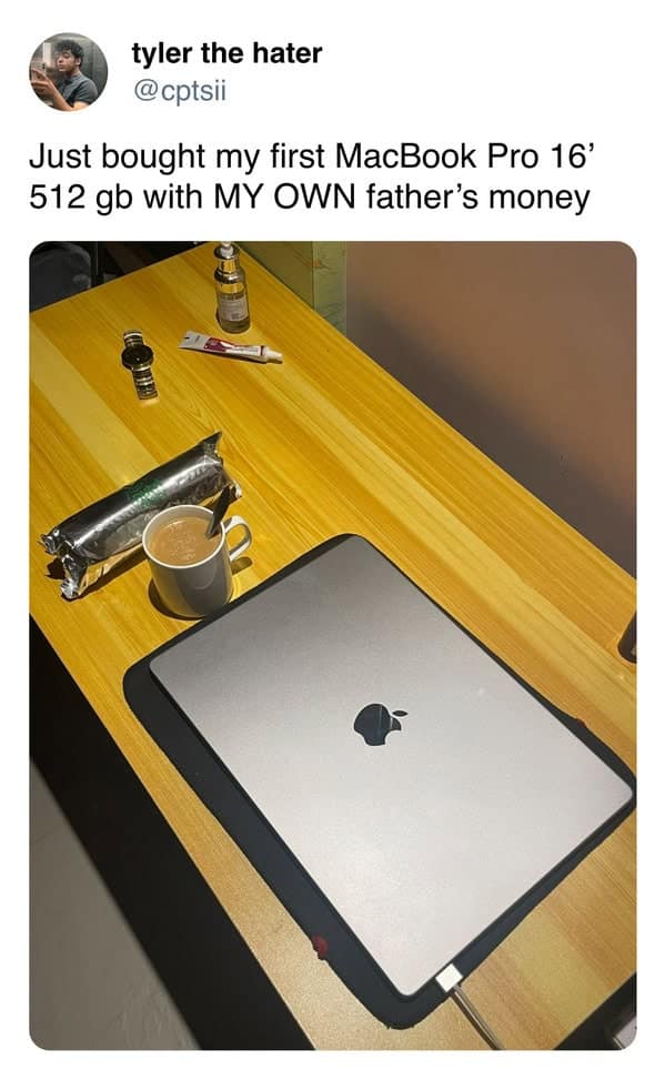 A funny pic of a tweet where someone brags about buying a laptop with their dad's money.