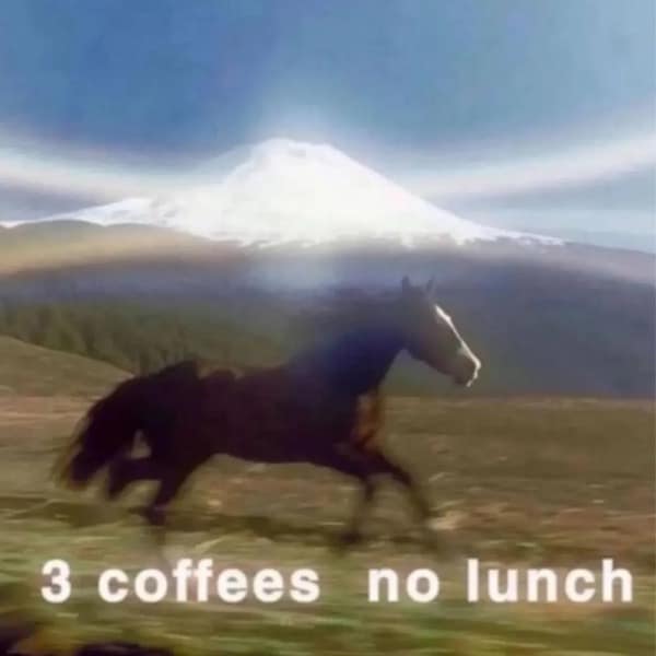 A funny pic of a blurry horse running, with the caption "3 coffees no lunch".
