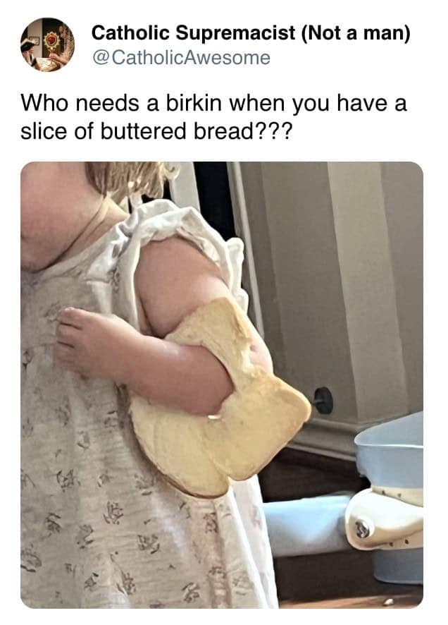 A funny picture of a child using a slice of buttered bread as a handbag.