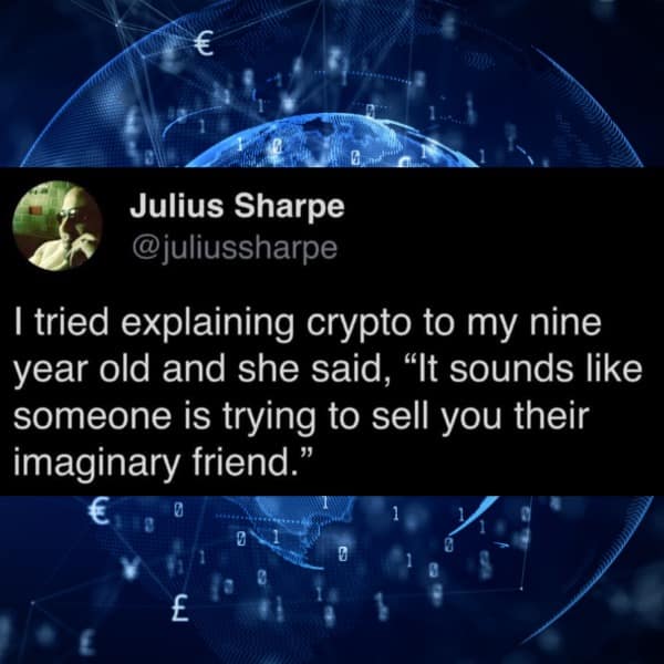 A funny tweet where a 9-year-old explains that crypto sounds like an imaginary friend.