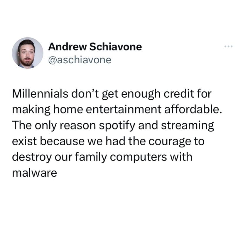 Tweet about millennials destroying computers with malware for music