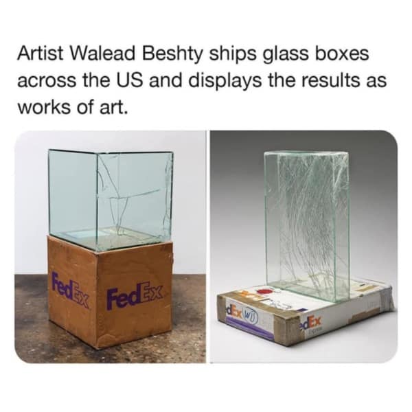A picture showing an artist's work of shipping glass boxes, resulting in shattered art.