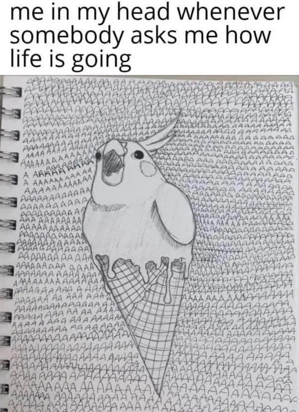 A funny pic of a screaming cockatiel ice cream cone representing internal anxiety.