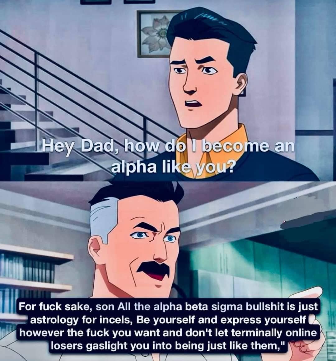 Animated dad giving blunt advice about alpha male culture to his son