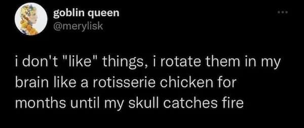 A funny pic of a relatable tweet about overthinking and obsessing over things.