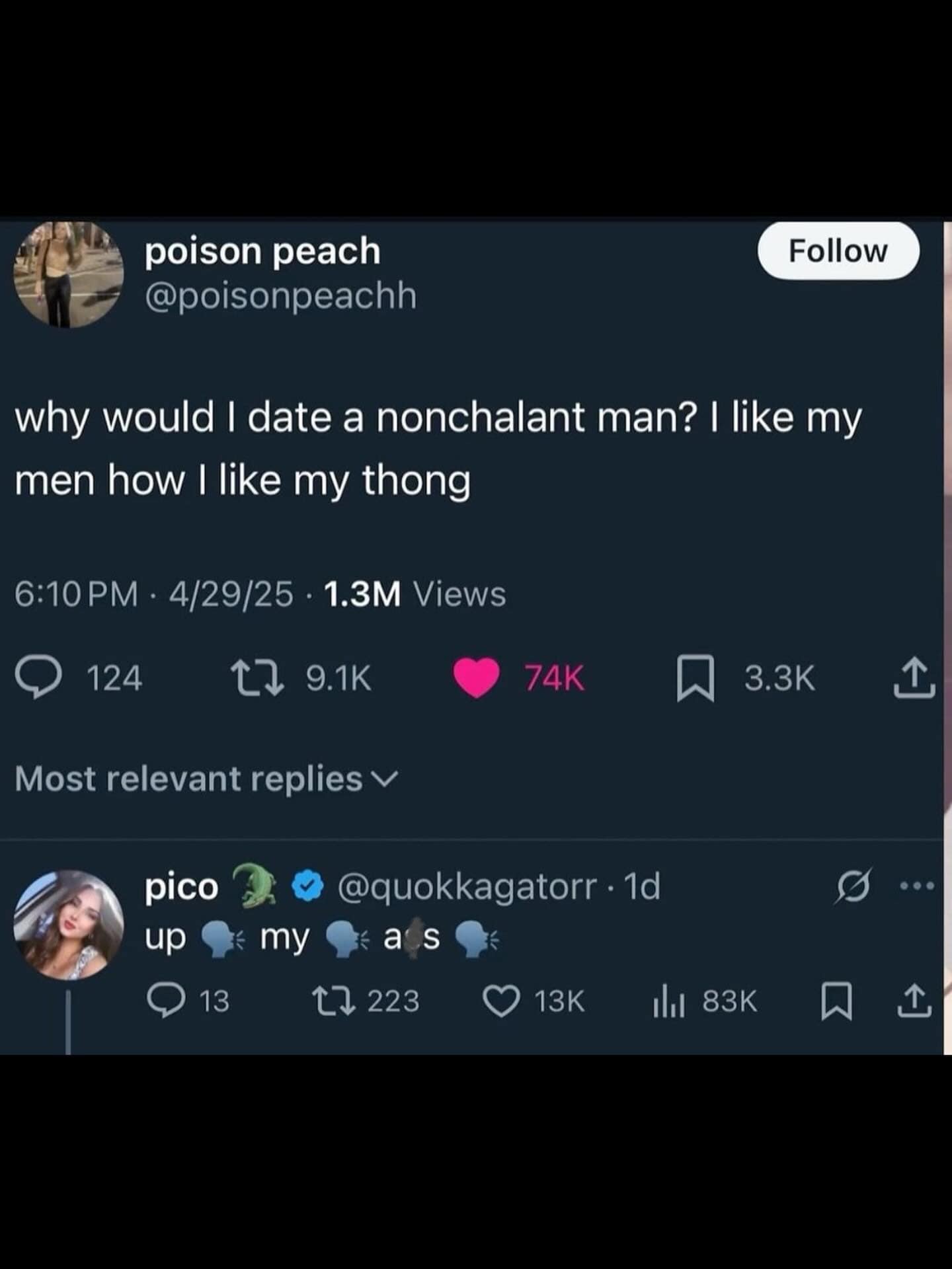 A funny pic of a tweet where a reply perfectly sets up and delivers the punchline.