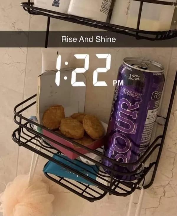 A cursed image of chicken nuggets and a Four Loko in a shower caddy.