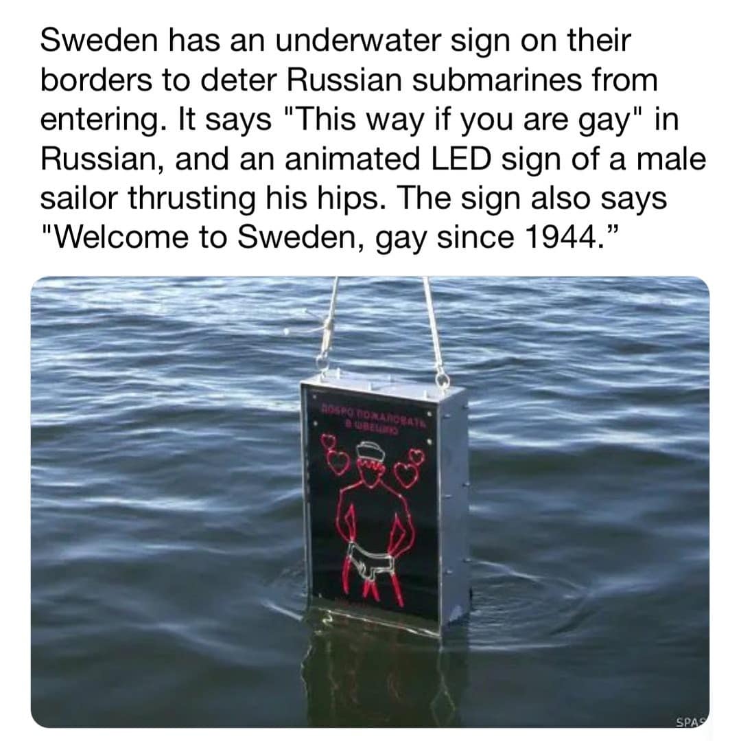 A funny picture of Sweden's underwater anti-submarine sign with a dancing sailor on it.