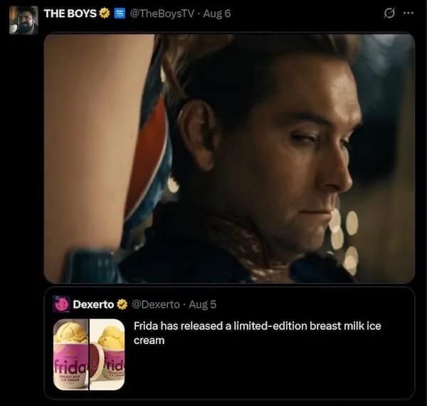 A funny pic from 'The Boys' official account reacting to breast milk ice cream.