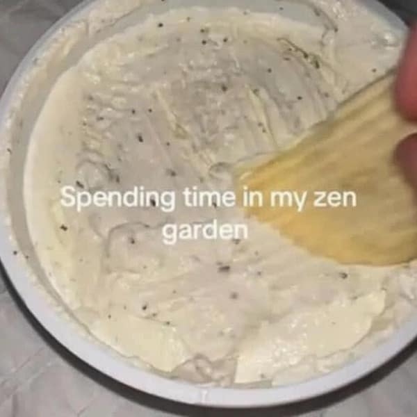 A funny pic of someone calling a bowl of chip dip their personal "zen garden."