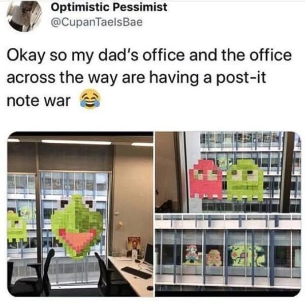 Office post-it note war window decorations