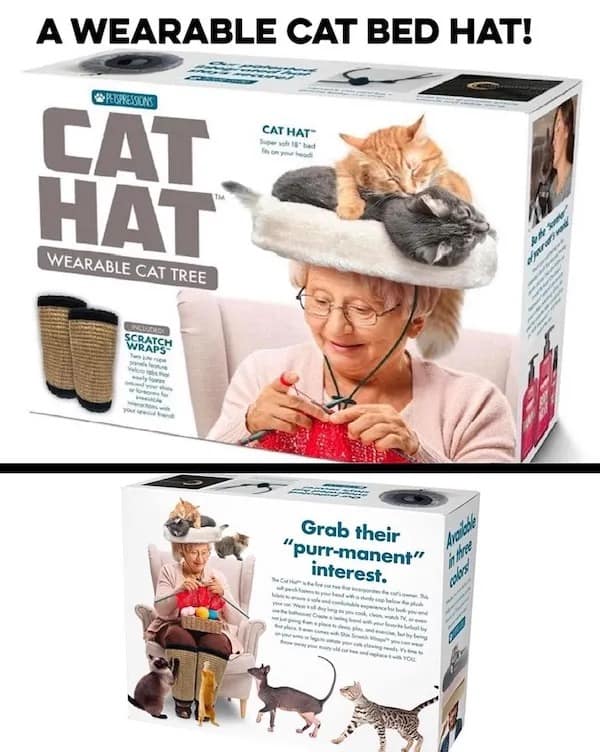 Box of wearable cat bed hat featuring a woman knitting