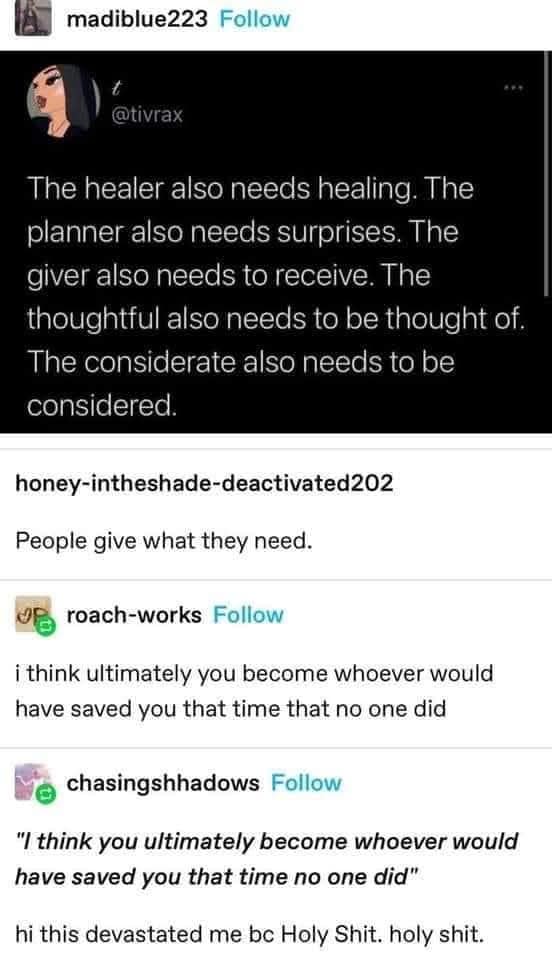 Emotional Tumblr thread discussing selflessness and unmet emotional needs