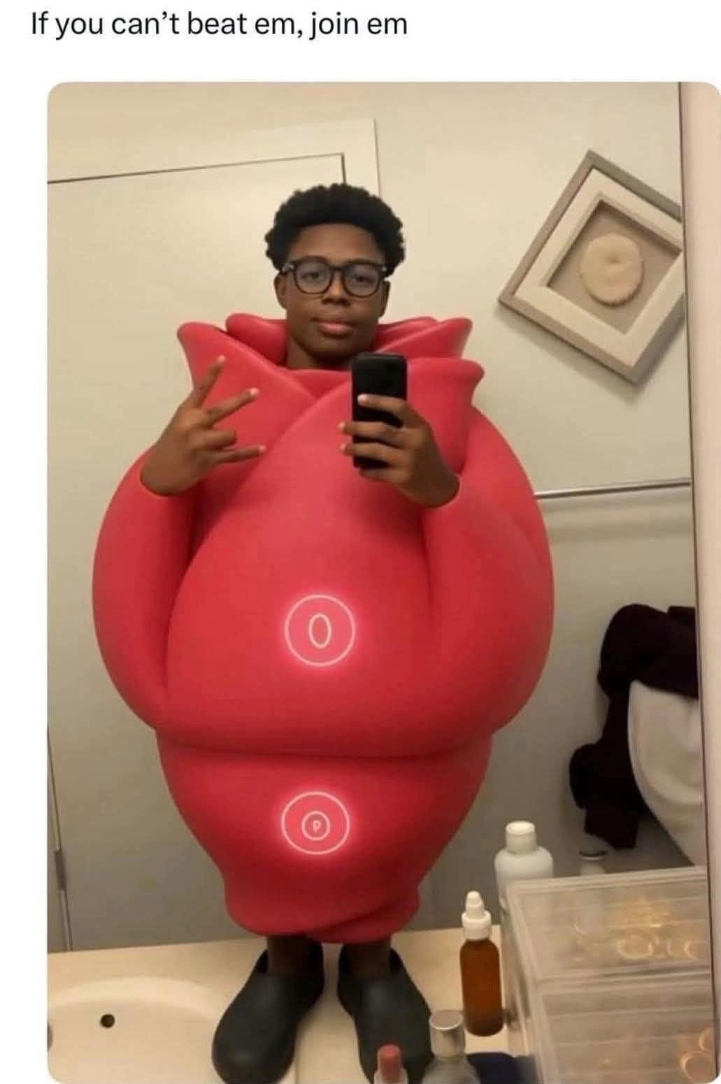 A funny pic of a person in a Luvdisc Pokémon costume captioned "If you can't beat em, join em".