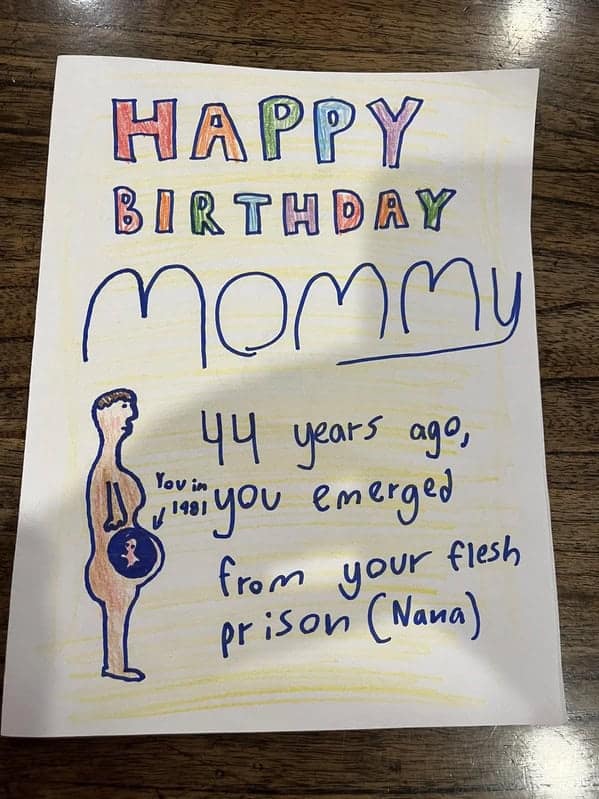 A hilarious child's birthday card calling their grandmother a "flesh prison," a legendary funny picture.