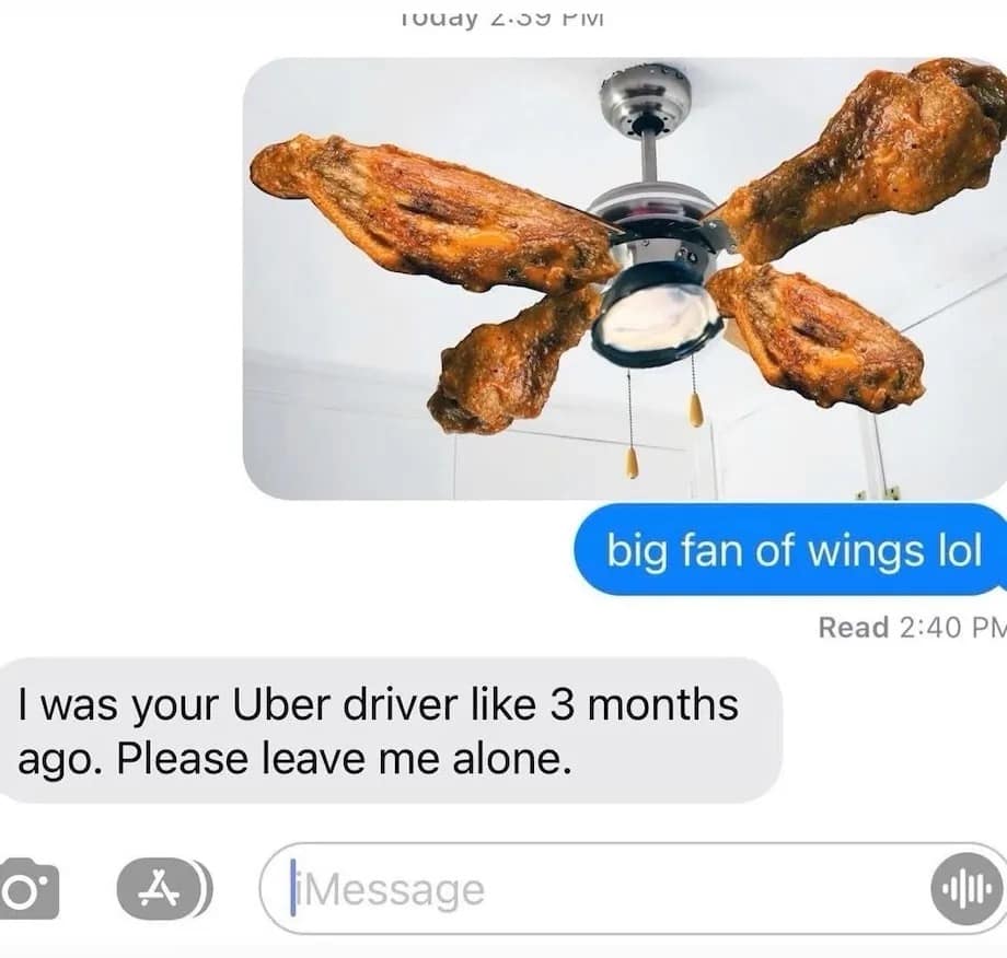 A funny pic of a text fail where someone sends a bad pun to their old Uber driver.