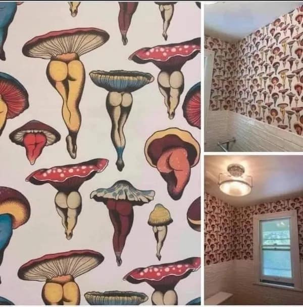 Bathroom wallpaper showing mushrooms designed to look like human buttocks and legs