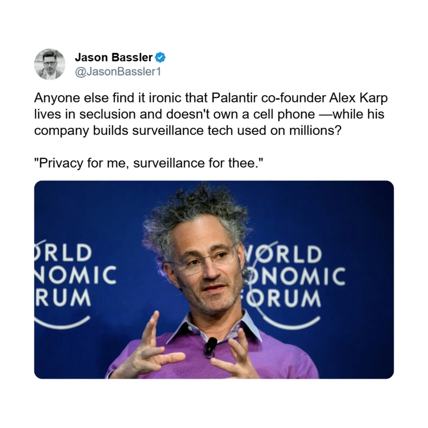 An ironic tweet about Palantir's founder avoiding tech while his company builds surveillance tools.
