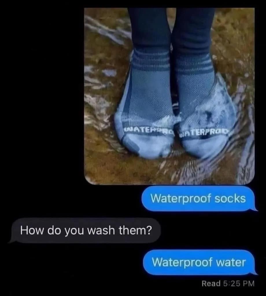 A funny pic of a text message exchange featuring a perfect dad joke about waterproof socks.