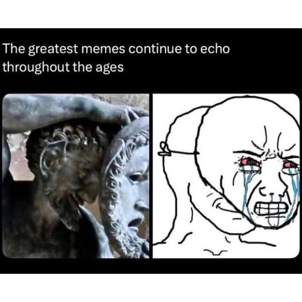 Ancient sculpture next to Wojak crying meme