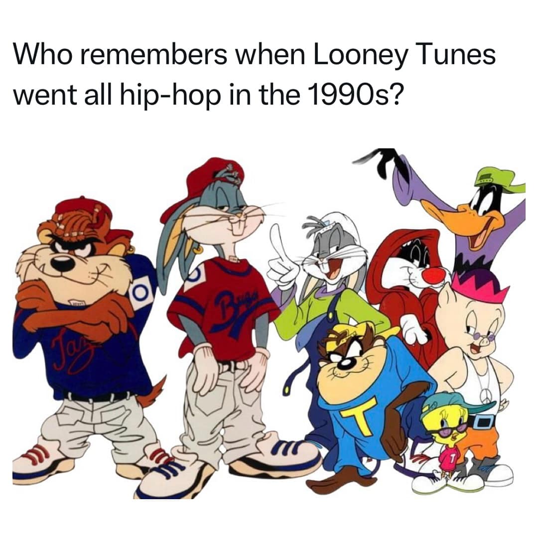 A funny pic showing the Looney Tunes characters dressed in 1990s hip-hop fashion.