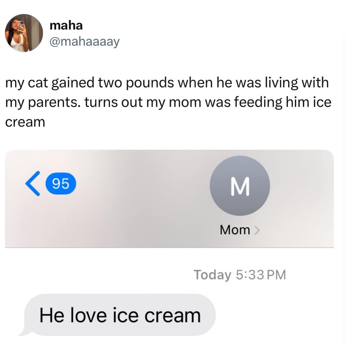 A funny pic of a tweet where a mom defends feeding a cat ice cream because "he love ice cream".