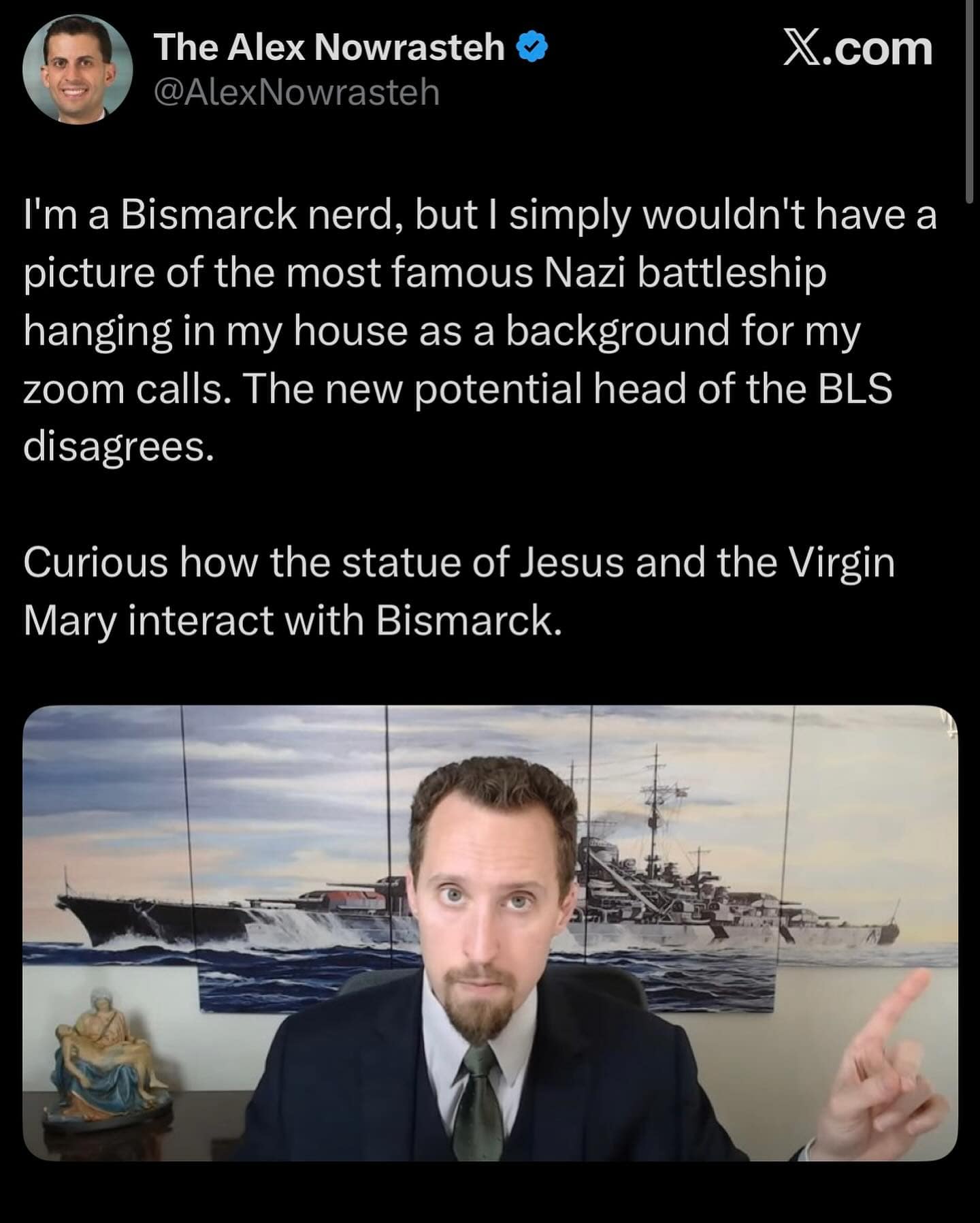 A funny pic of a tweet roasting a man for using a Nazi battleship as his Zoom background.