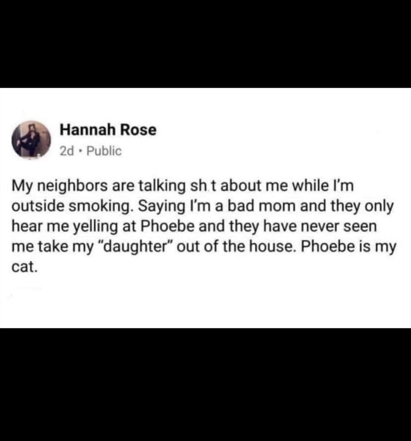 Funny social media post about neighbors thinking the user is a bad mom for yelling at her cat.