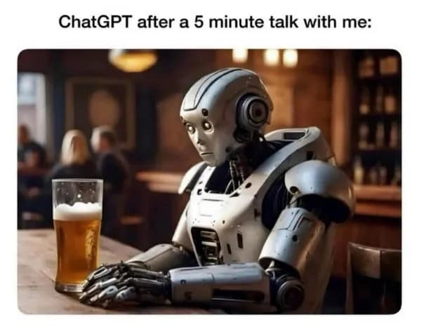 A funny picture of a sad robot drinking, joking about breaking ChatGPT with your trauma.