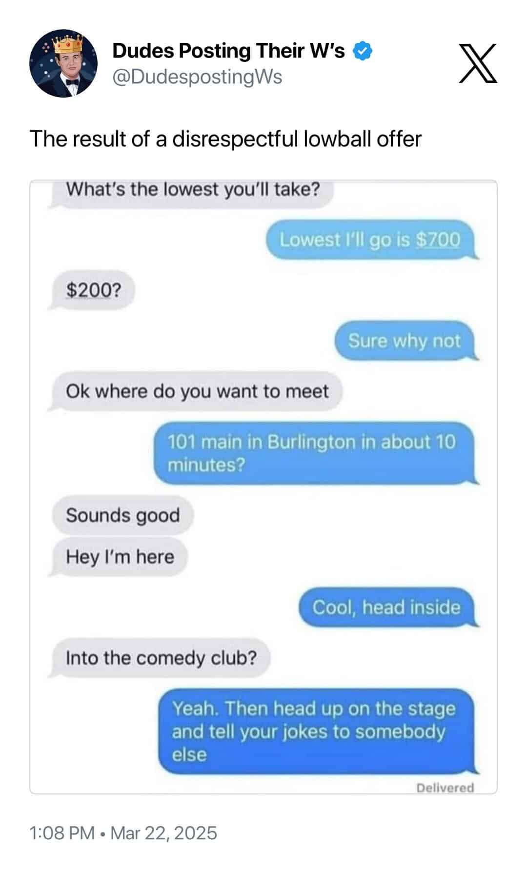 A funny reply to a lowball offer where the seller sends the buyer to a comedy club.