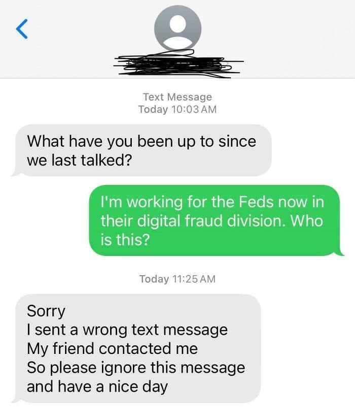 A funny reply to a scammer where the person claims to work for the Feds' fraud division.