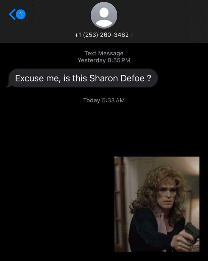 A funny reply to a scammer using a picture of Willem Dafoe in drag from a movie.