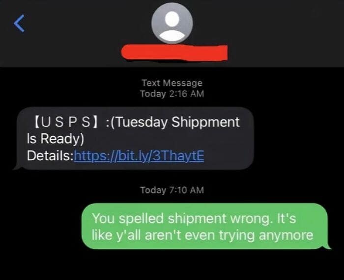 A funny reply to a scammer that points out a glaring spelling error in their message.