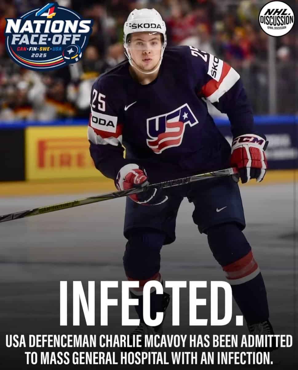 A dramatic graphic of hockey player Charlie McAvoy with the single, ominous word "INFECTED."