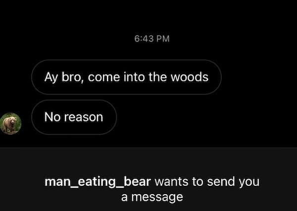 A funny text from a user named "man_eating_bear" asking someone to come into the woods.