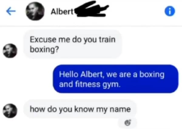 A funny text exchange where a man named Albert is confused how a business knows his name.