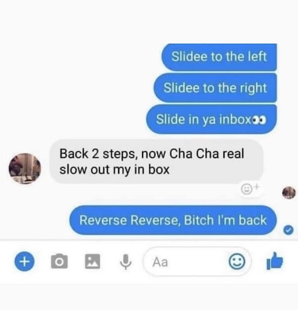 A funny text conversation where someone gets rejected using lyrics from the "Cha-Cha Slide" song.