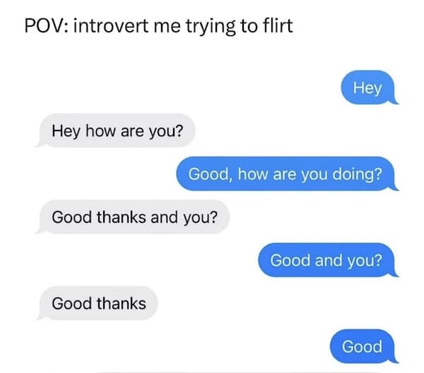 A funny text meme showing an awkward and repetitive flirting conversation between introverts.