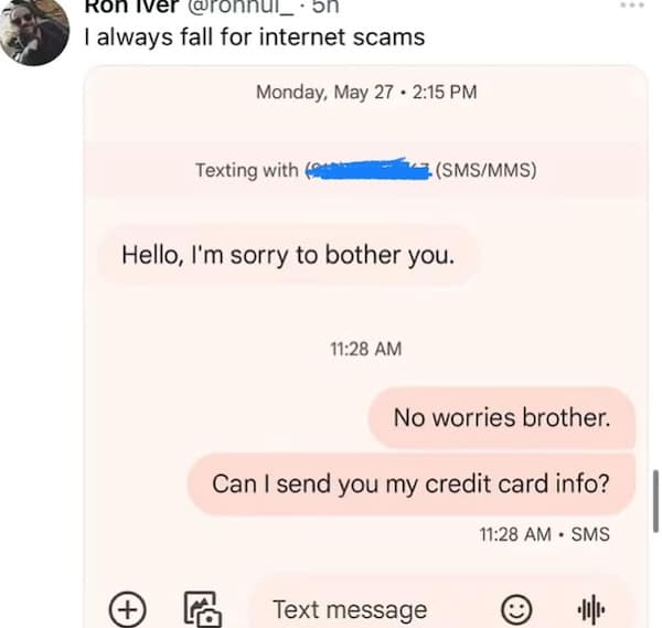 A funny text of someone trying to give their credit card information to an internet scammer.